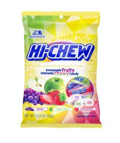 HI-CHEW FRUIT CHEWABLE CANDIES ORIGINAL MIX GRAPE, GREEN APPLE, STRAWBERRY PEGGABLE BAG 6/3.53 OZ