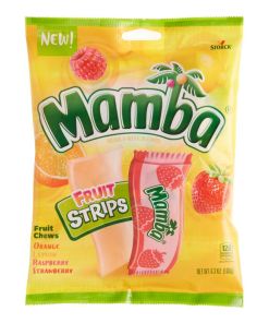 MAMBA CANDY FRUIT STRIPS MIXED FLAVOR NATURAL & ARTIFICIAL FLAVORS PEGGABLE BAG 12/6.3 OZ
